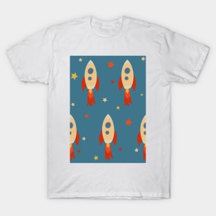 Retro Rocket Ships and Stars repeat pattern on blue background T-Shirt